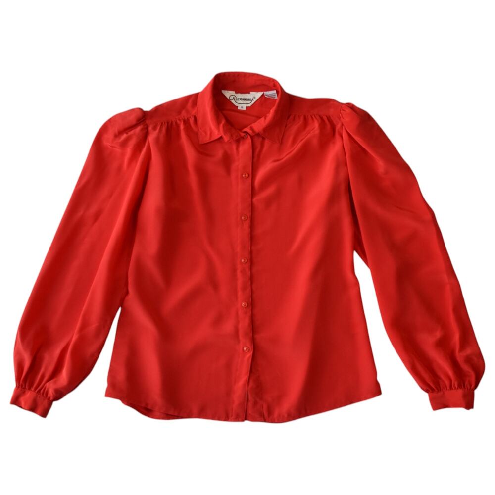 Vintage 80s Red Puff Sleeve Secretary Blouse Size 8 Retro Career